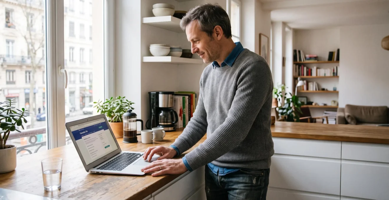 Un homme utilise un ordinateur portable sur le plan de travail de sa cuisine pour gérer son contrat d'assurance vie en ligne.