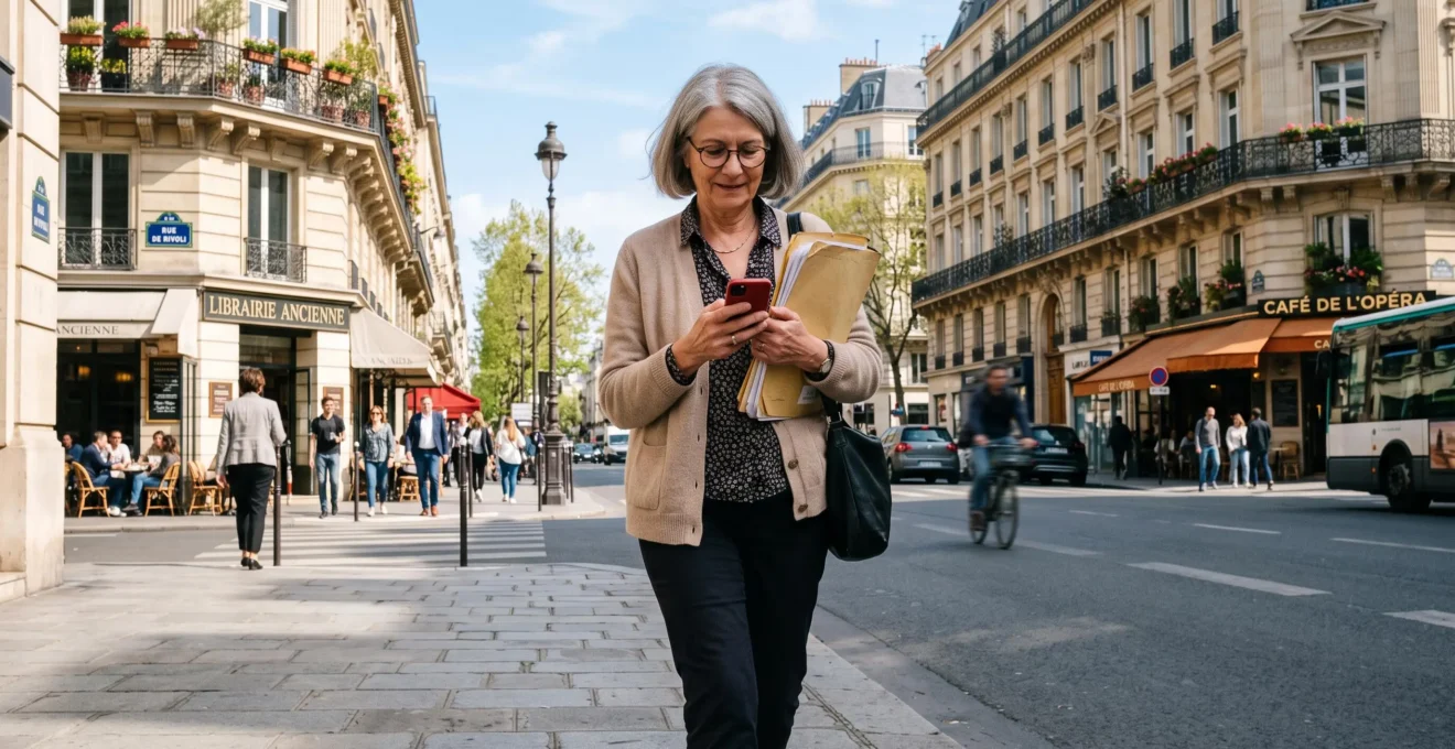 Une femme marche dans une rue urbaine aux façades haussmanniennes en consultant son smartphone, un dossier sous le bras.