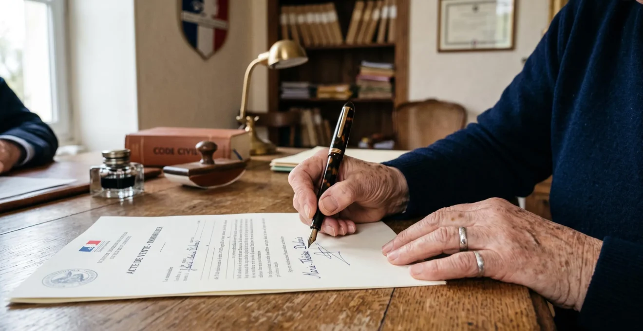 Gros plan sur les mains d'une personne âgée signant un document administratif avec un stylo-plume sur une table en bois.